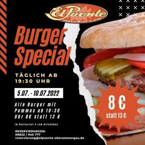 Burger Special - 5.07. bis 10.07.2022 - Alle Burger ab 19:30 Uhr 8 € statt 13 €